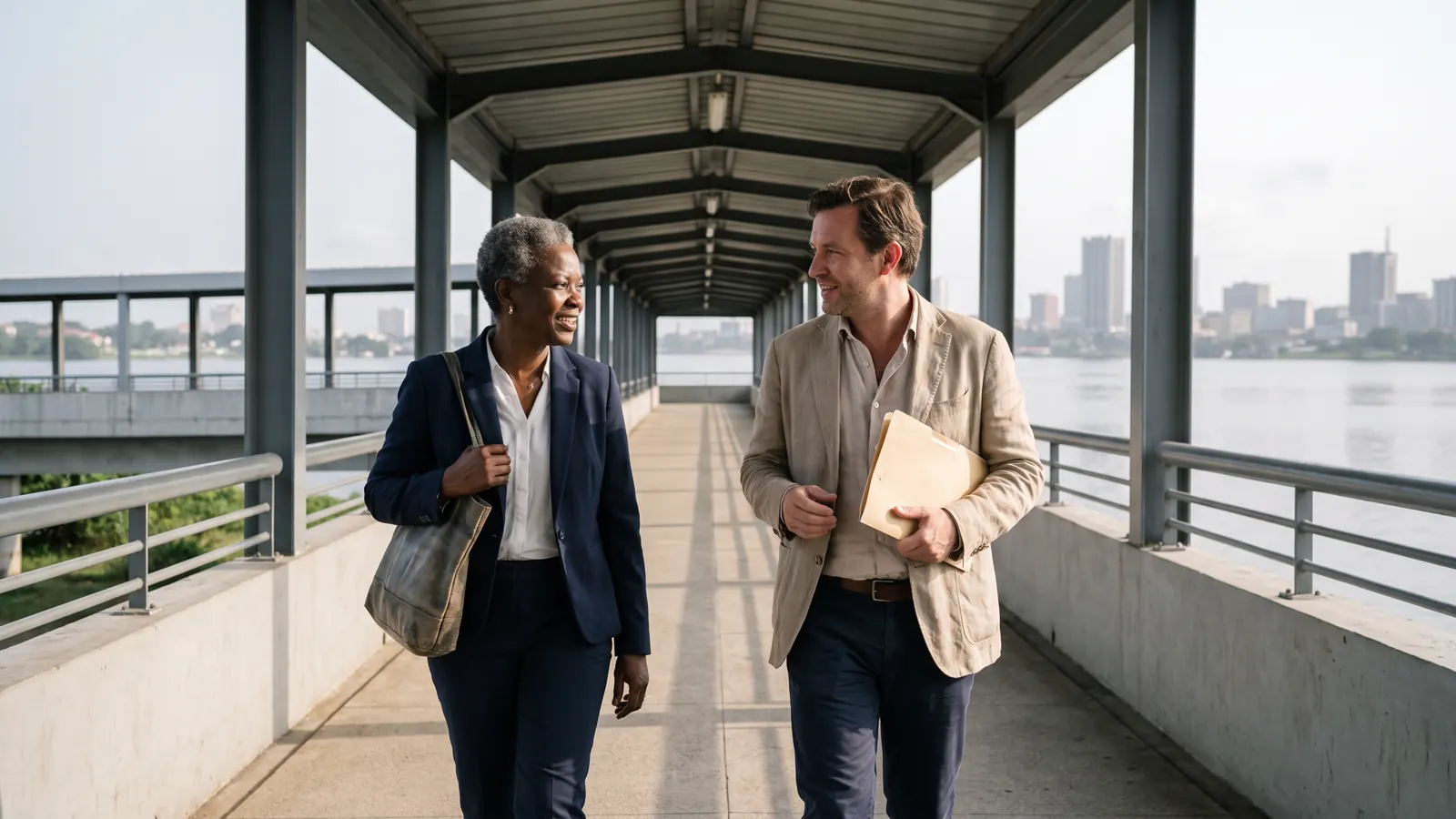 Deux professionnels, une Ivoirienne et un Européen, marchent en discutant sur une passerelle couverte qui domine la lagune d'Abidjan.