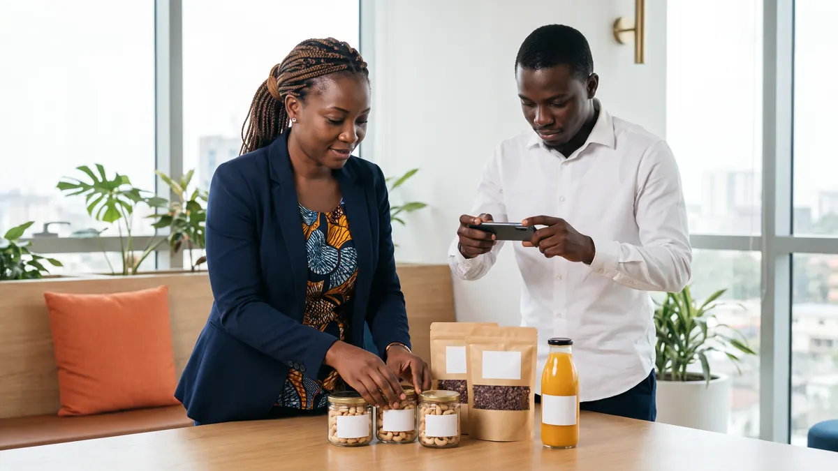 Deux entrepreneurs ivoiriens présentent leurs échantillons de produits transformés dans un espace de coworking lumineux à Abidjan.