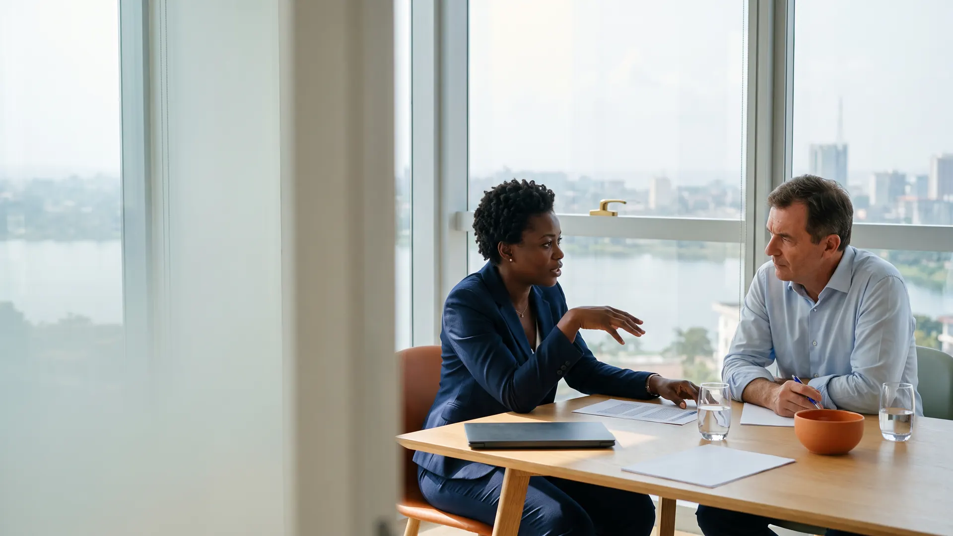 Une dirigeante ivoirienne et un partenaire européen étudient un dossier dans un bureau d'Abidjan, la lagune Ébrié en arrière-plan.