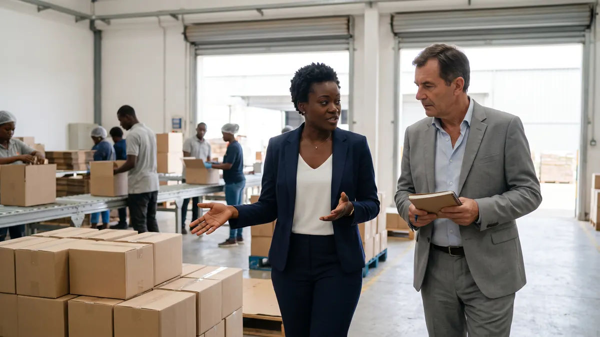 Une entrepreneuse ivoirienne fait visiter son unité de conditionnement à un acheteur français.