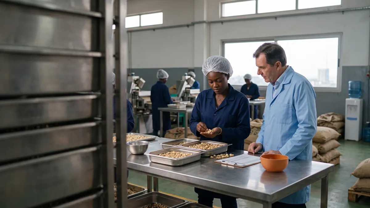 Une responsable qualité contrôle des amandes de cajou triées dans une unité de transformation moderne en Côte d'Ivoire.