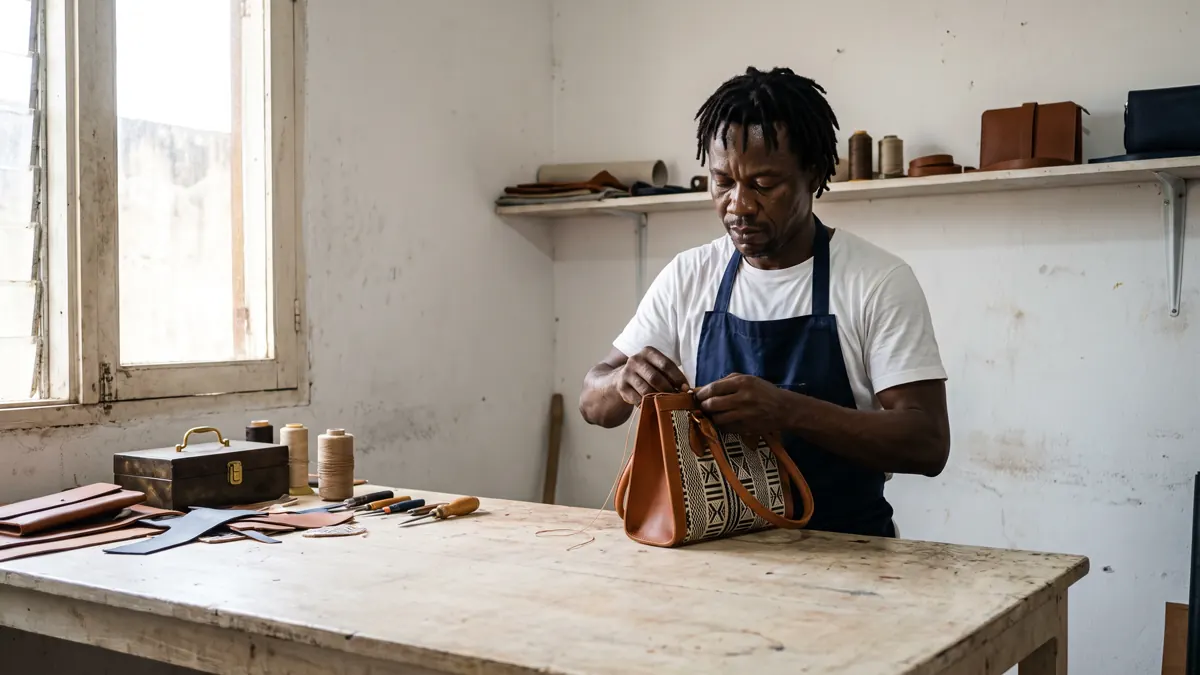 Un créateur ivoirien finit à la main une pièce de maroquinerie haut de gamme dans son atelier d'Abidjan.