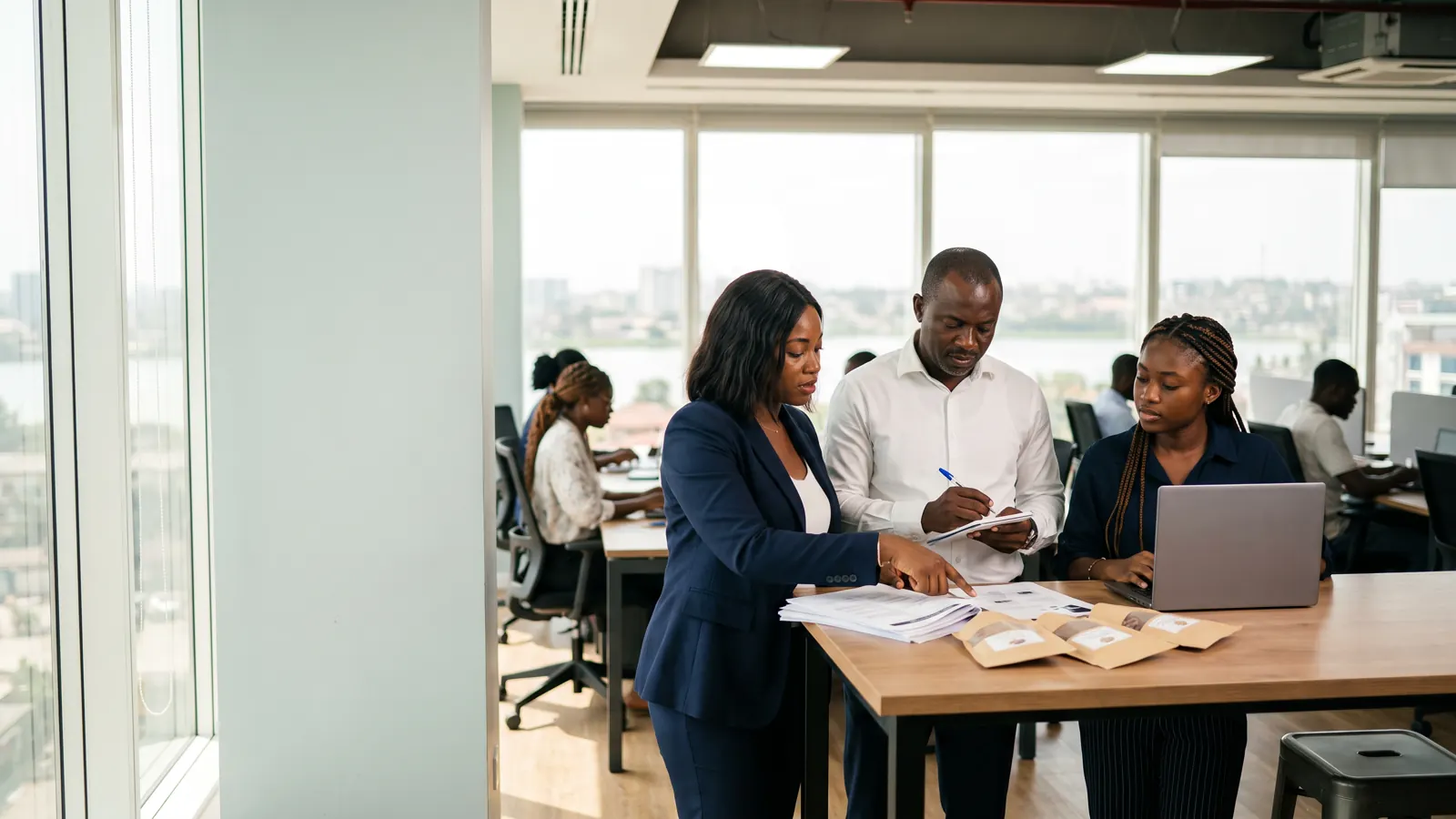 Trois professionnels ivoiriens préparent des documents et des échantillons dans un bureau d'Abidjan.