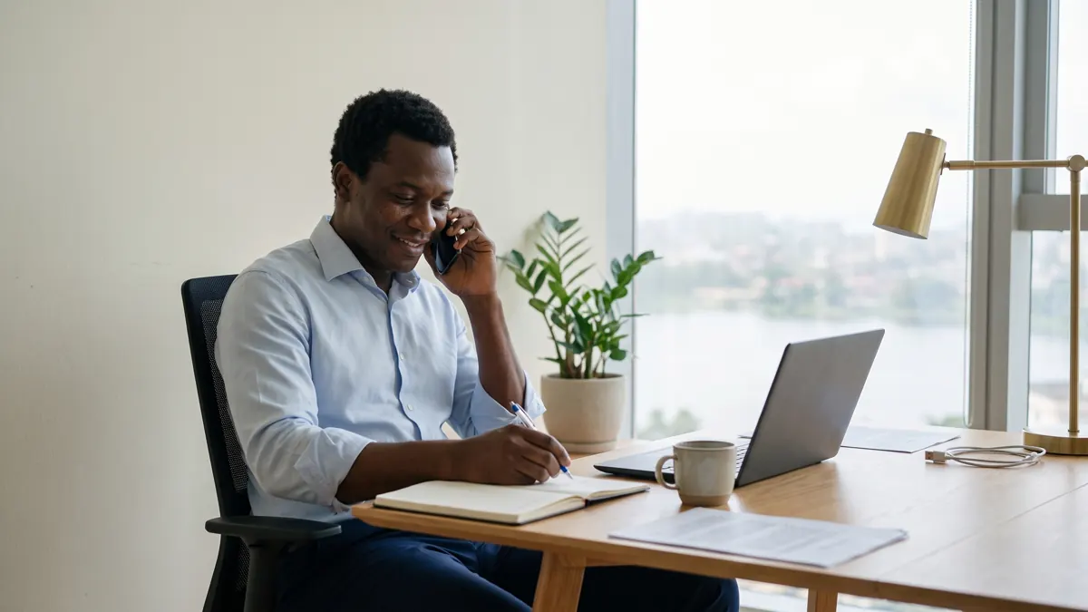Un conseiller ivoirien répond à un appel dans un bureau calme d'Abidjan, carnet ouvert devant lui.