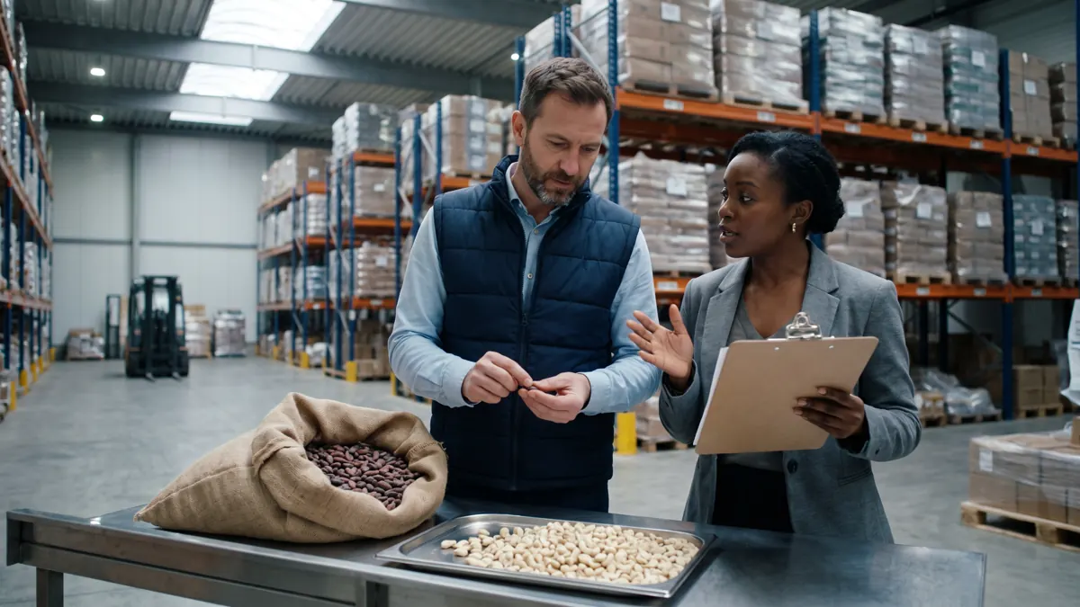 Un acheteur européen examine des échantillons de fèves de cacao et de cajou dans un entrepôt d'import.