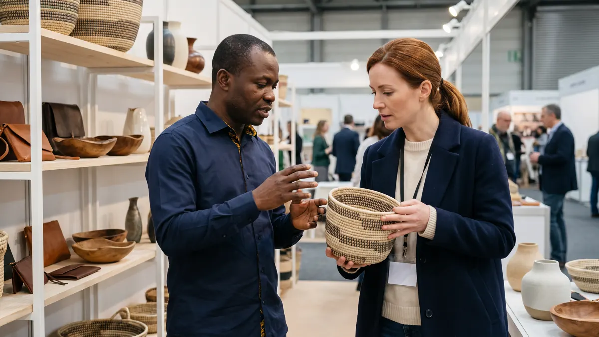 Une acheteuse européenne et un artisan africain échangent devant une sélection de pièces artisanales sur le stand d'un salon professionnel.
