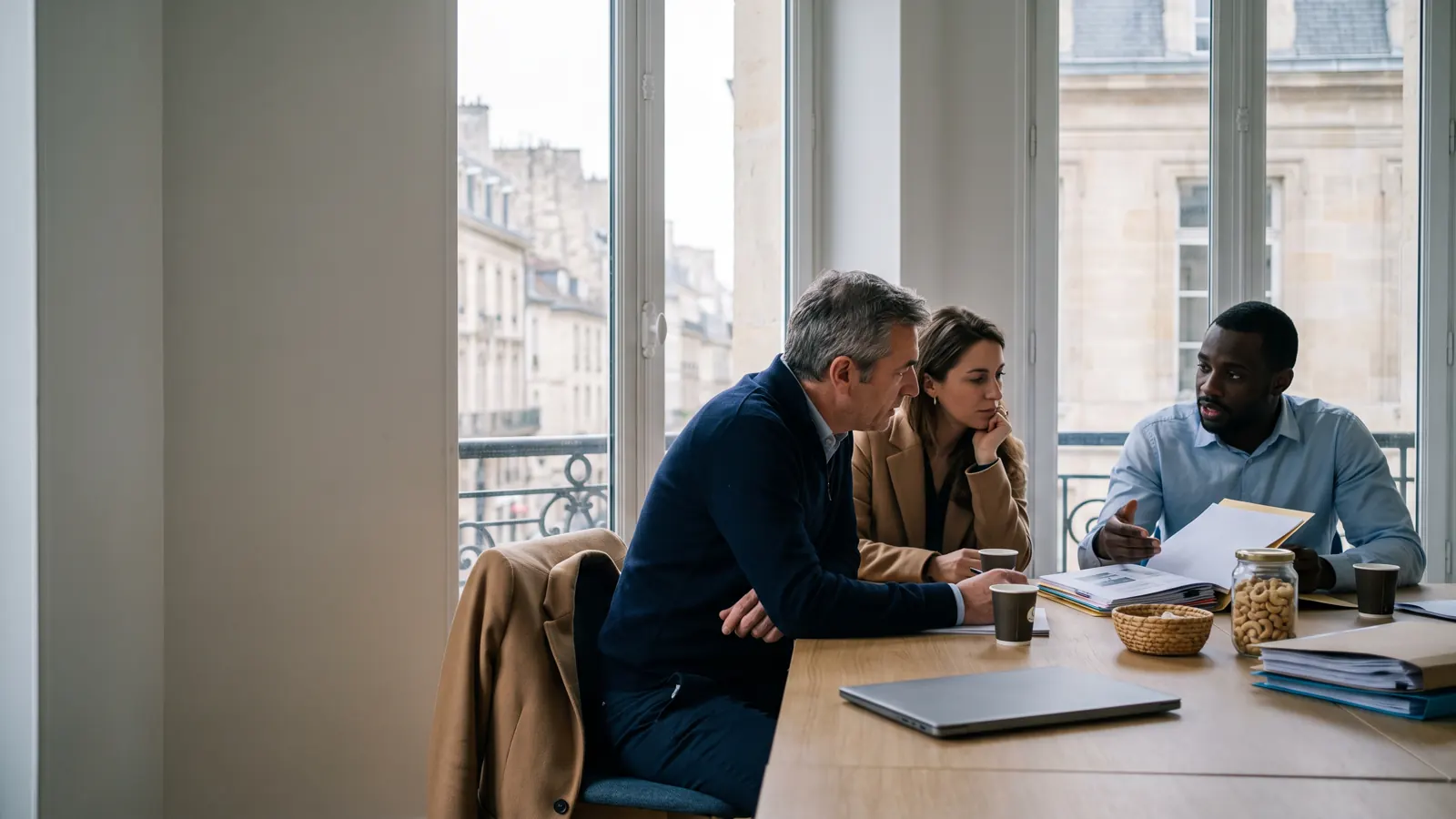 Une équipe d'une entreprise française étudie des dossiers et des échantillons venus d'Afrique.