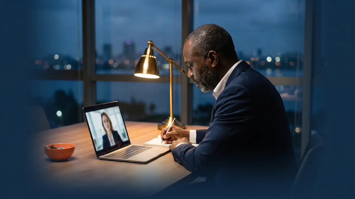 Un chef d'entreprise à Abidjan participe à un rendez-vous d'affaires en ligne avec une interlocutrice en France, visible sur l'écran de son ordinateur.