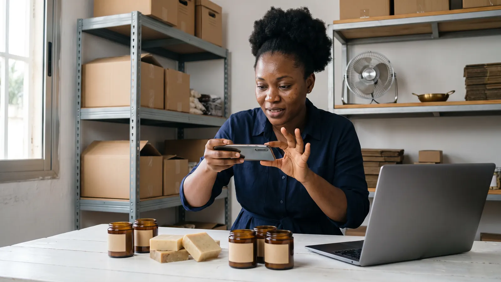 Une entrepreneuse ivoirienne photographie ses produits avant de les présenter, dans son atelier lumineux.