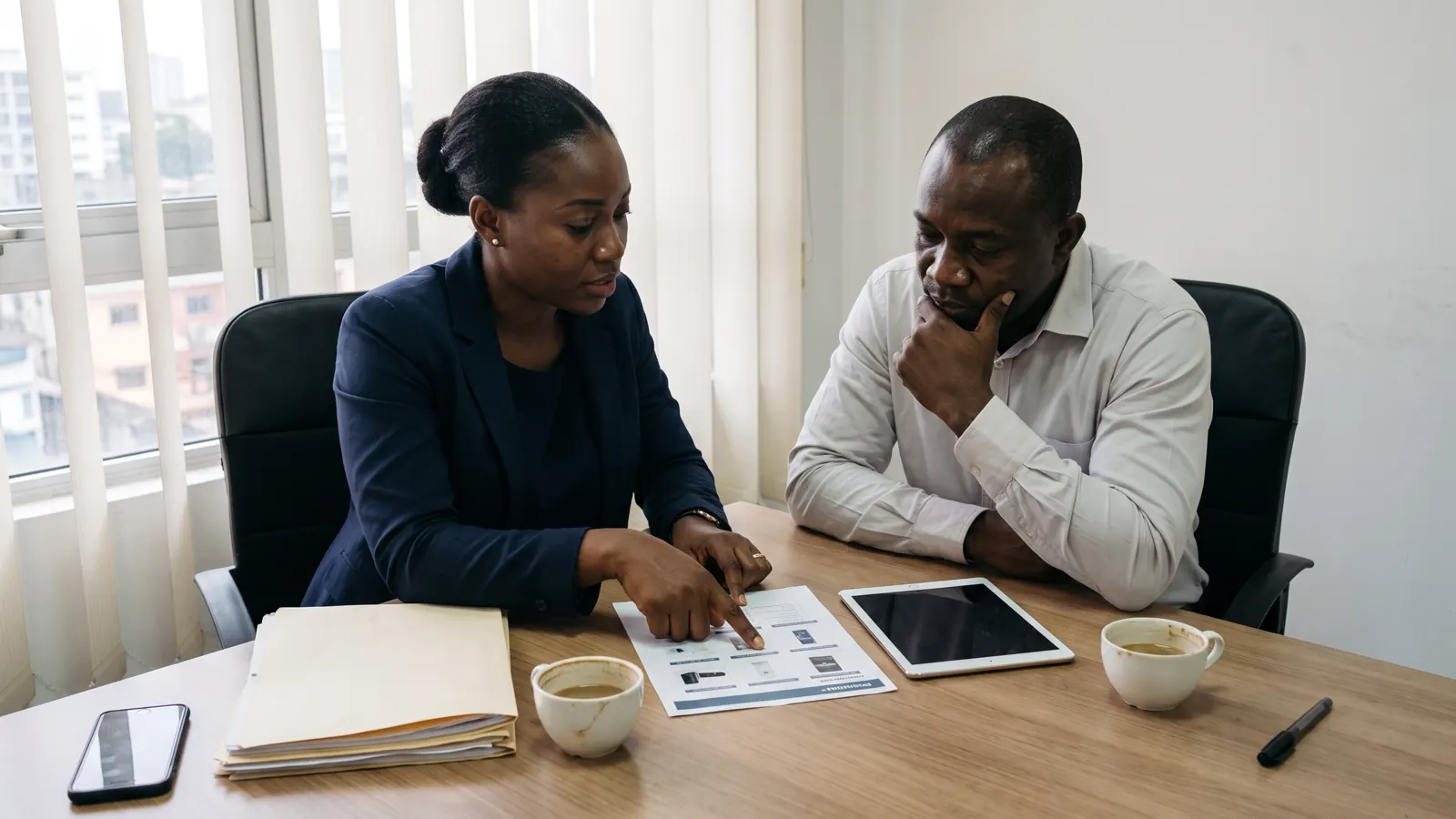 Une consultante ivoirienne accompagne le dirigeant d'une PME dans la préparation de son dossier, autour d'une table de réunion.